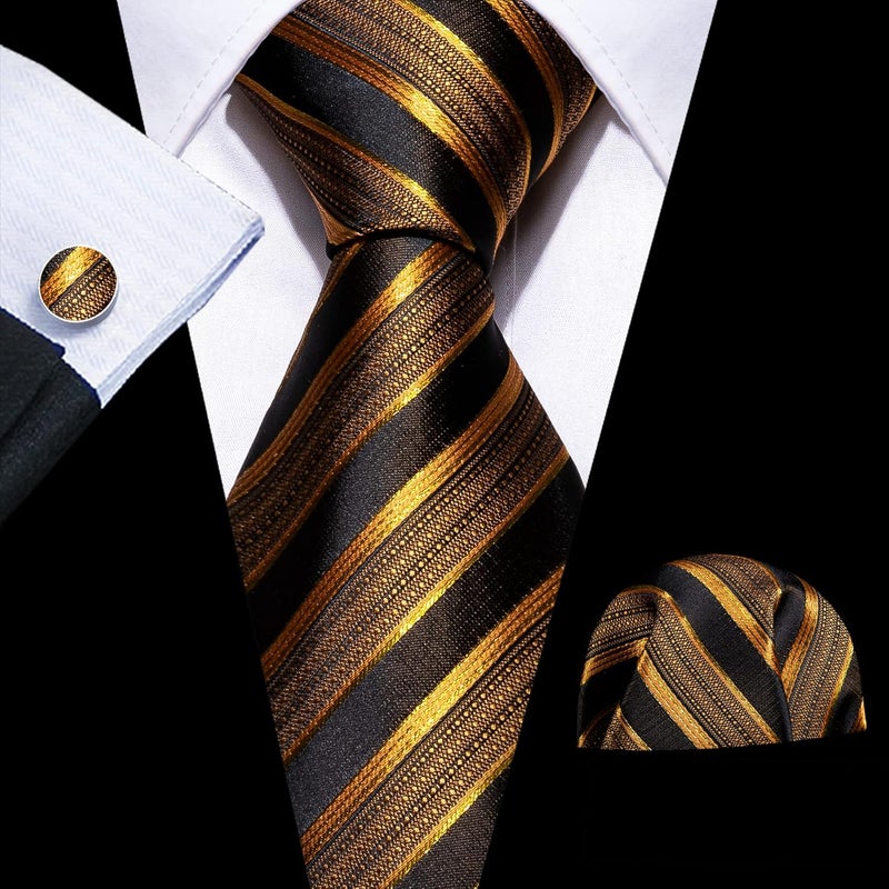 Barry.Wang Store Tie Sets for Men Silk Stripe Necktie Woven Checkered Handkerchief Cufflinks Formal Business Wedding - Image 2